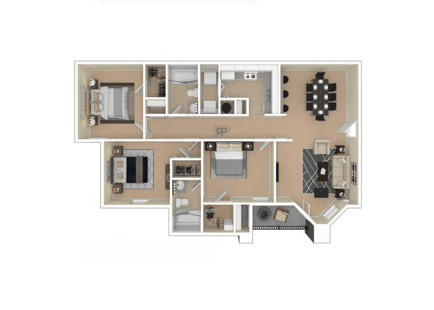 Floor plan for 3 beds, 2 baths, 1097 sqft
